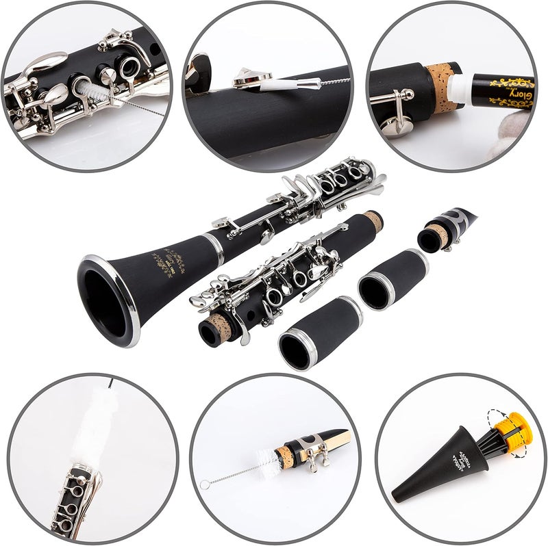 Glory GLY-PBK Professional Ebonite Bb Clarinet with 10 Reeds, Stand, Hard Case, Cleaning Cloth, Cork grease, Mouthpiece Brush and Pad Brush, Black - Image 3